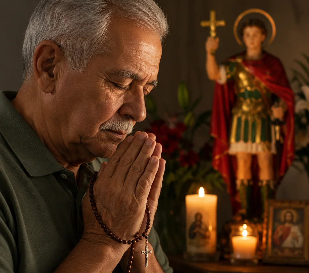 Homem idoso em oração diante de uma imagem de Santo Expedito