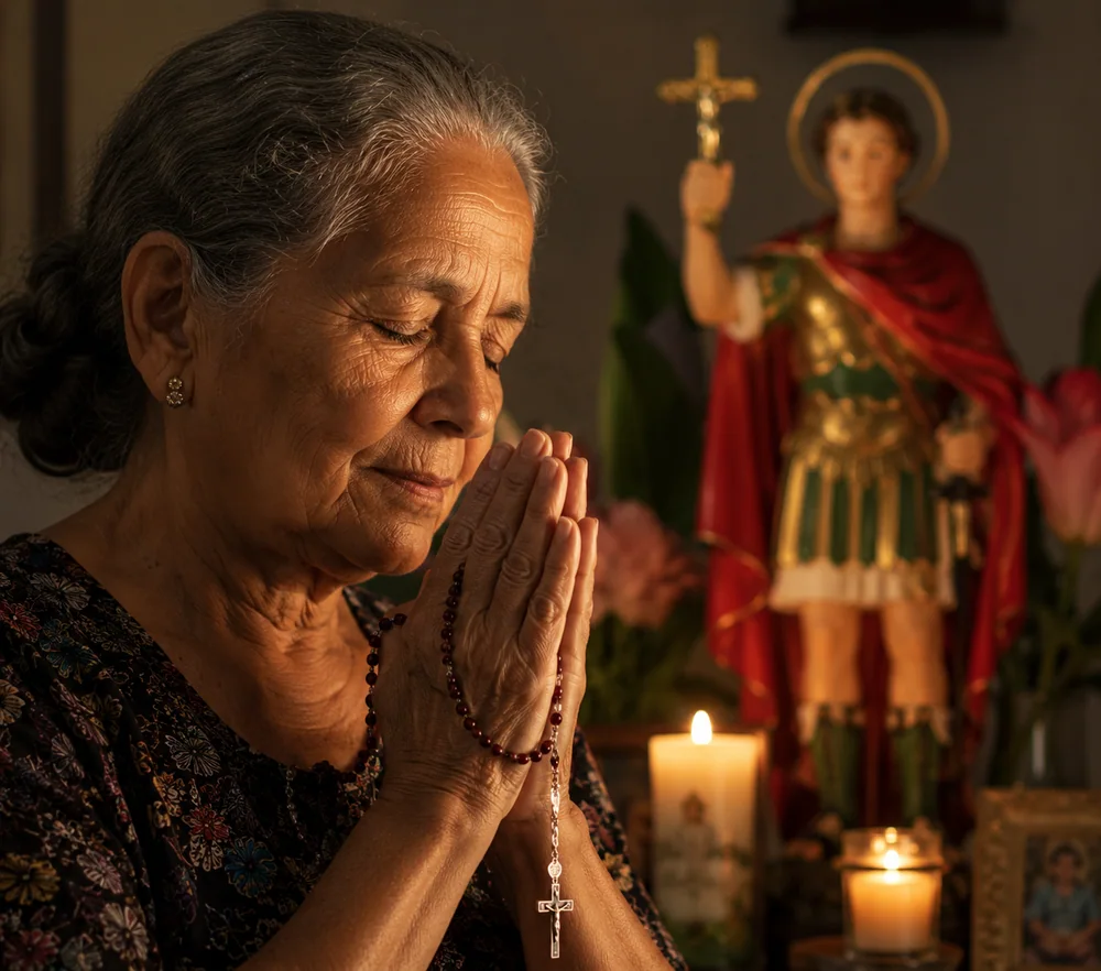 Mulher idosa em oração com Santo Expedito